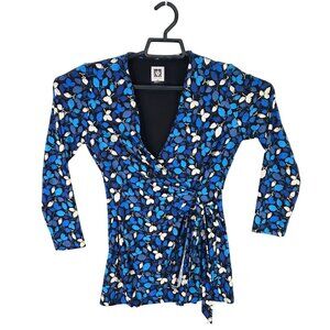Womens Anne Klein Blue & Black Floral Wrap Top 3/4 Sleeve Polyester Blend XXS